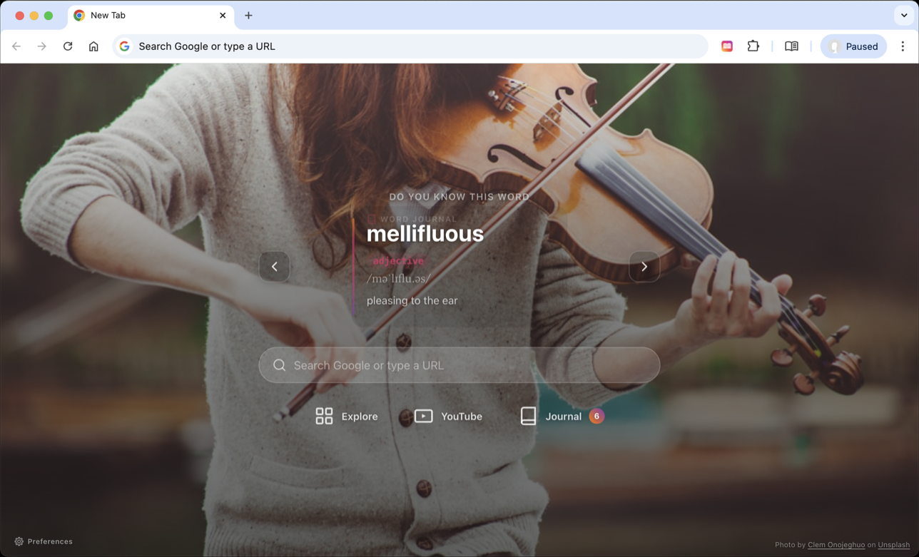 Chrome new tab page showing Word Journal extension with Explore, journal badge, and word search