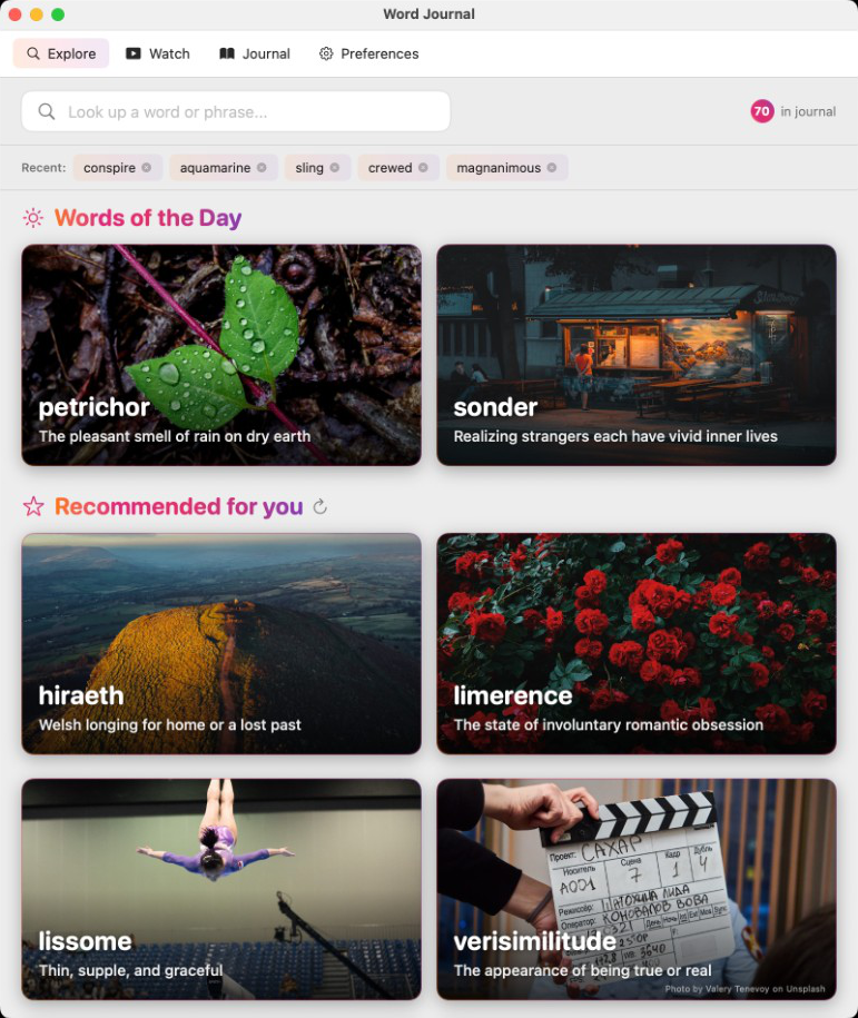 Word Journal Explore tab — Words of the Day and recommendations