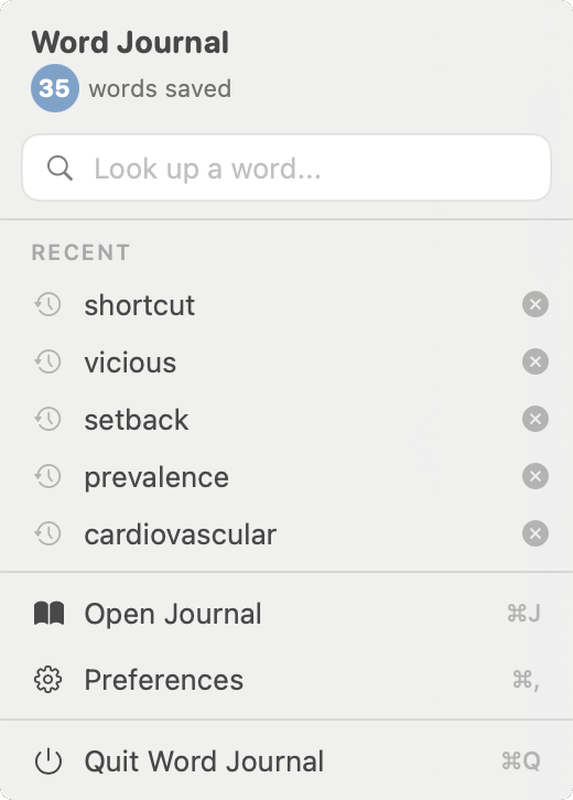 Menu bar — type a word or pick from recent